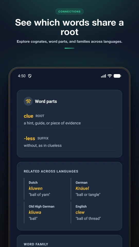 Etymology app showing related words and word relatives on a phone