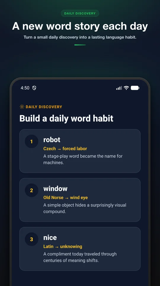 Etymology app showing a daily word discovery on a phone