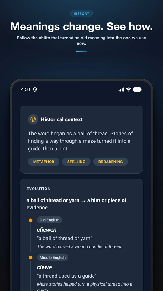Etymology app showing meaning shifts across time on a phone