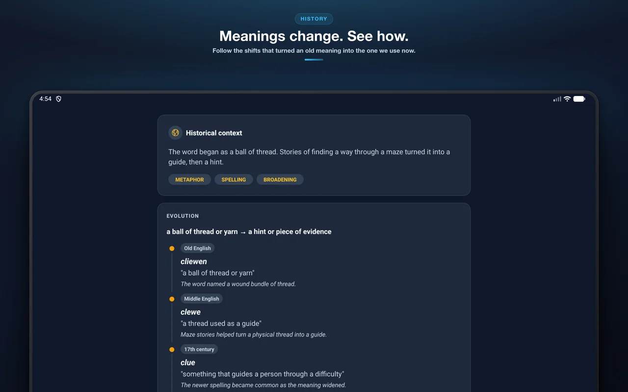 Etymology app showing meaning shifts on a tablet