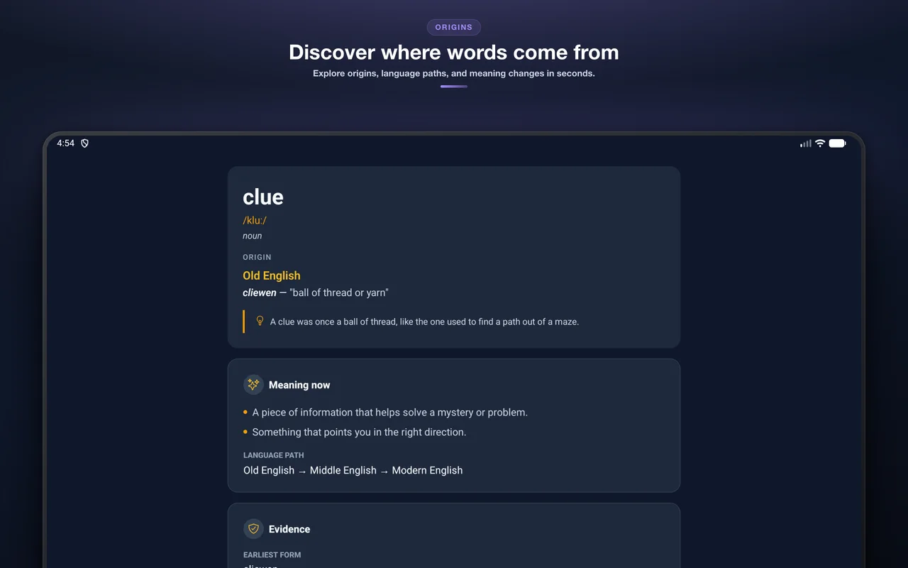Etymology app showing a word origin lookup on a tablet