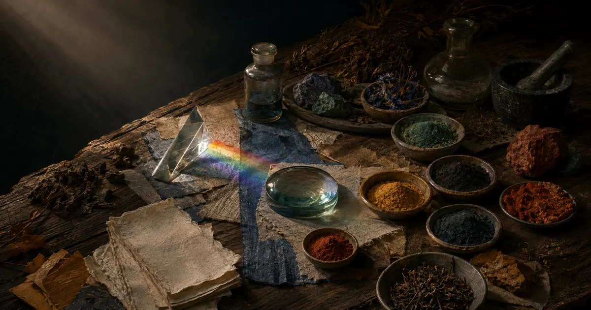 Historic pigments and a glass prism casting color across a paper covered worktable