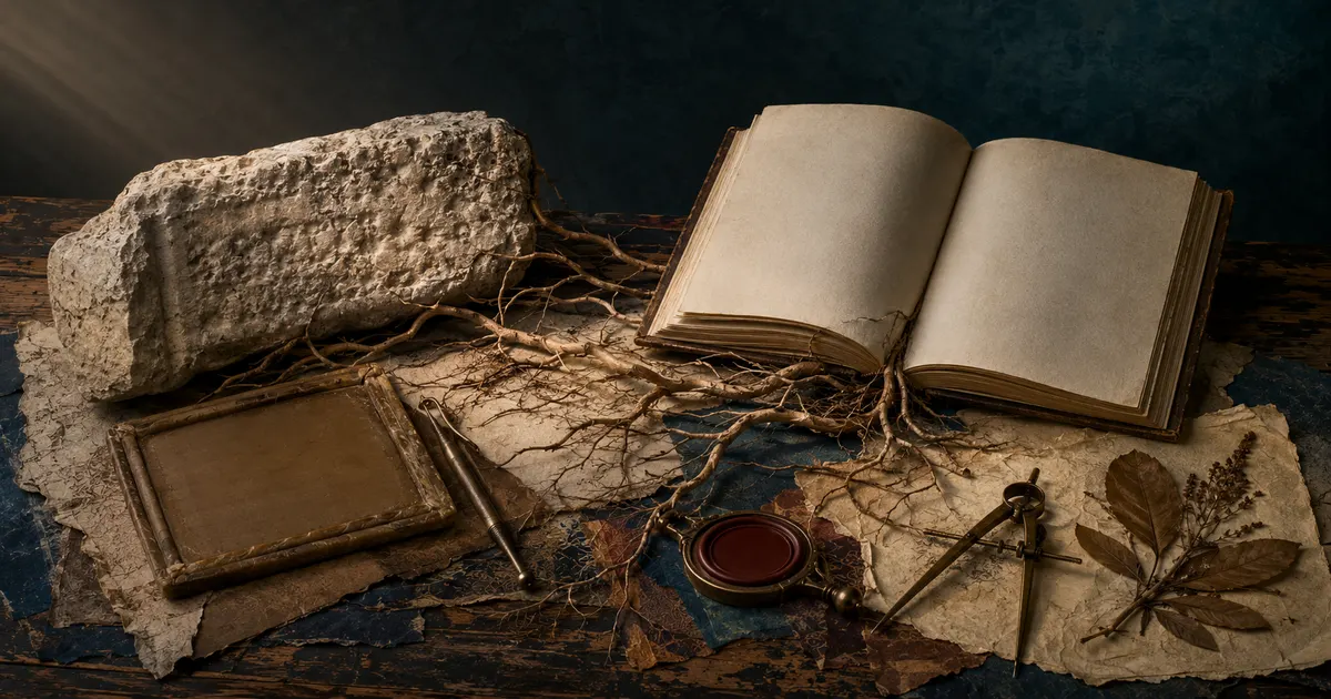 Ancient stone, roots, and a modern book showing Latin vocabulary growing through time