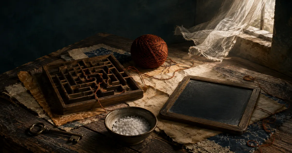 Thread crossing a wooden maze beside salt, a slate, a key, and an open window
