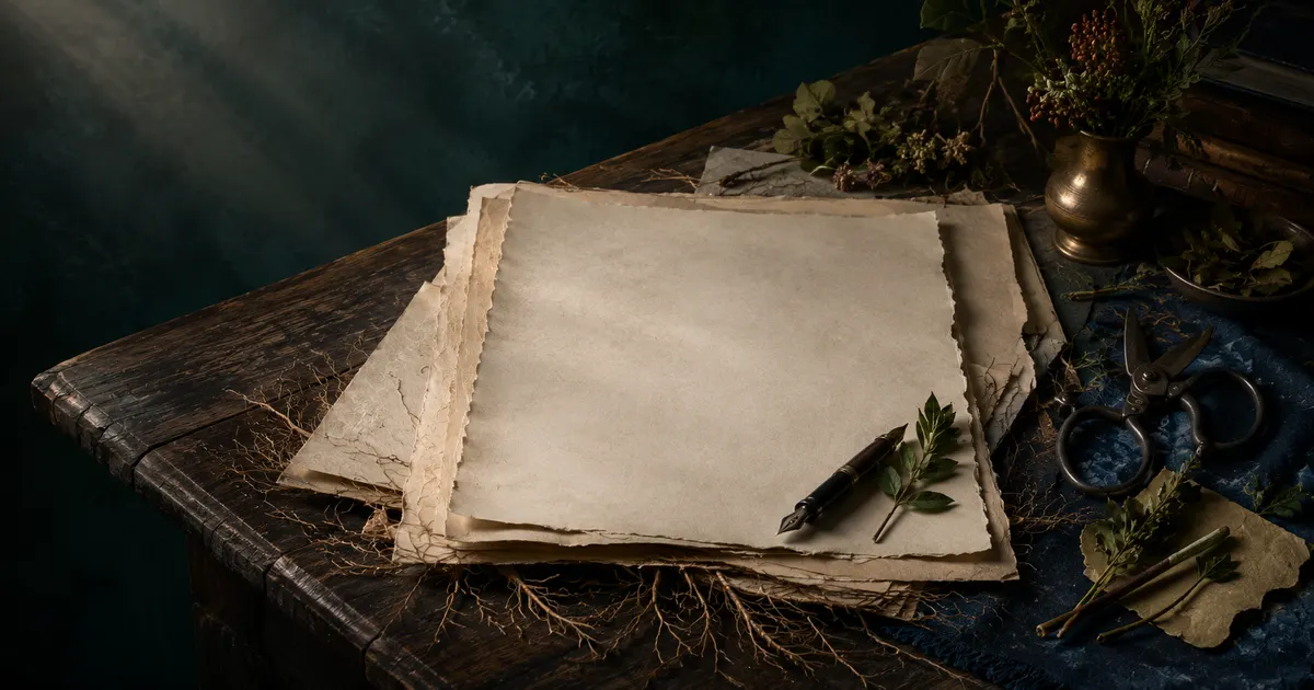 A writer’s blank pages and pen beside pruning shears, selected cuttings, and exposed roots
