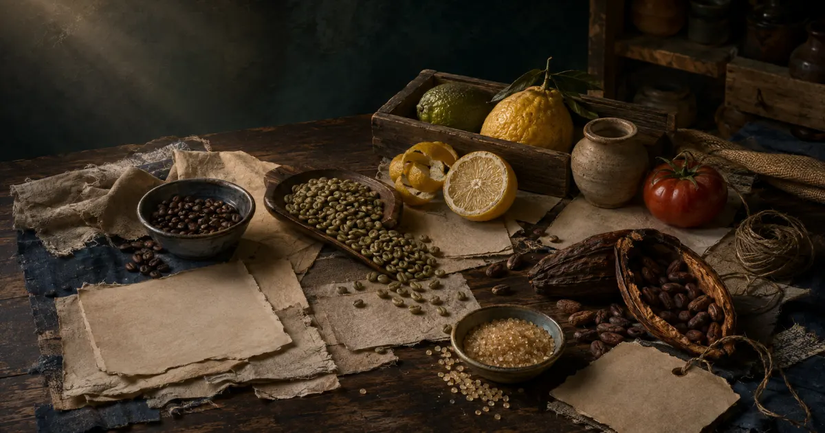 Coffee, cacao, citrus, sugar, and a tomato arranged on historic trade papers