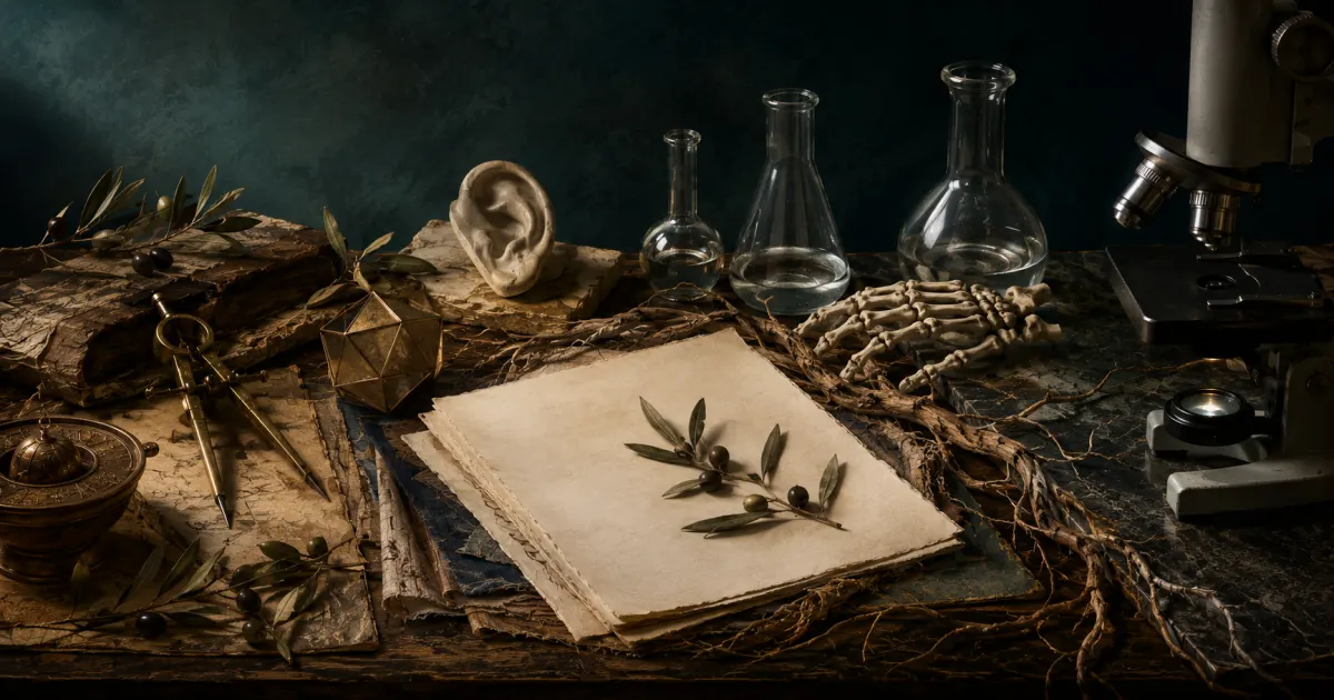 Olive roots connecting classical instruments, laboratory glass, anatomy, and a microscope