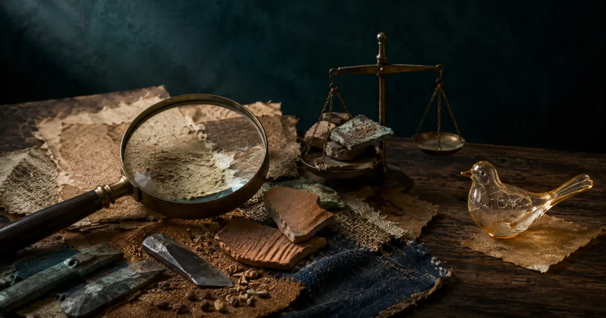A magnifying glass and balance separating connected evidence from an attractive fragile story