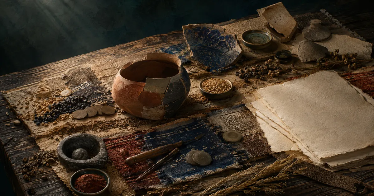 Pottery, textiles, tools, seeds, and papers arranged like layers of cultural history
