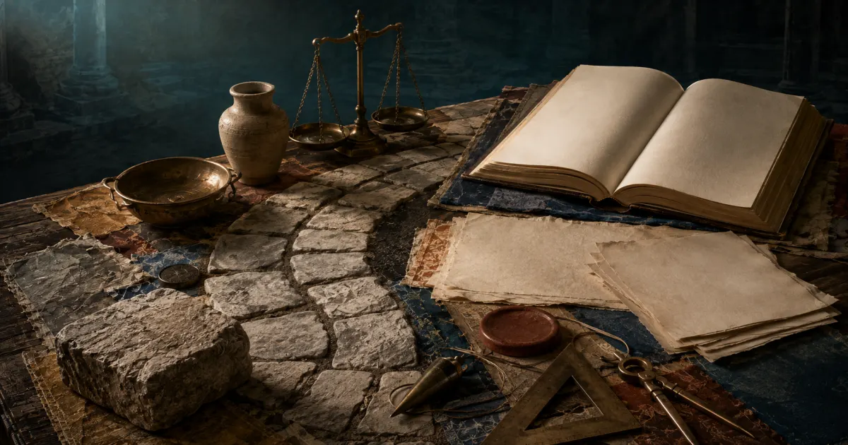 A Roman road crossing a worktable toward civic objects and a modern open book
