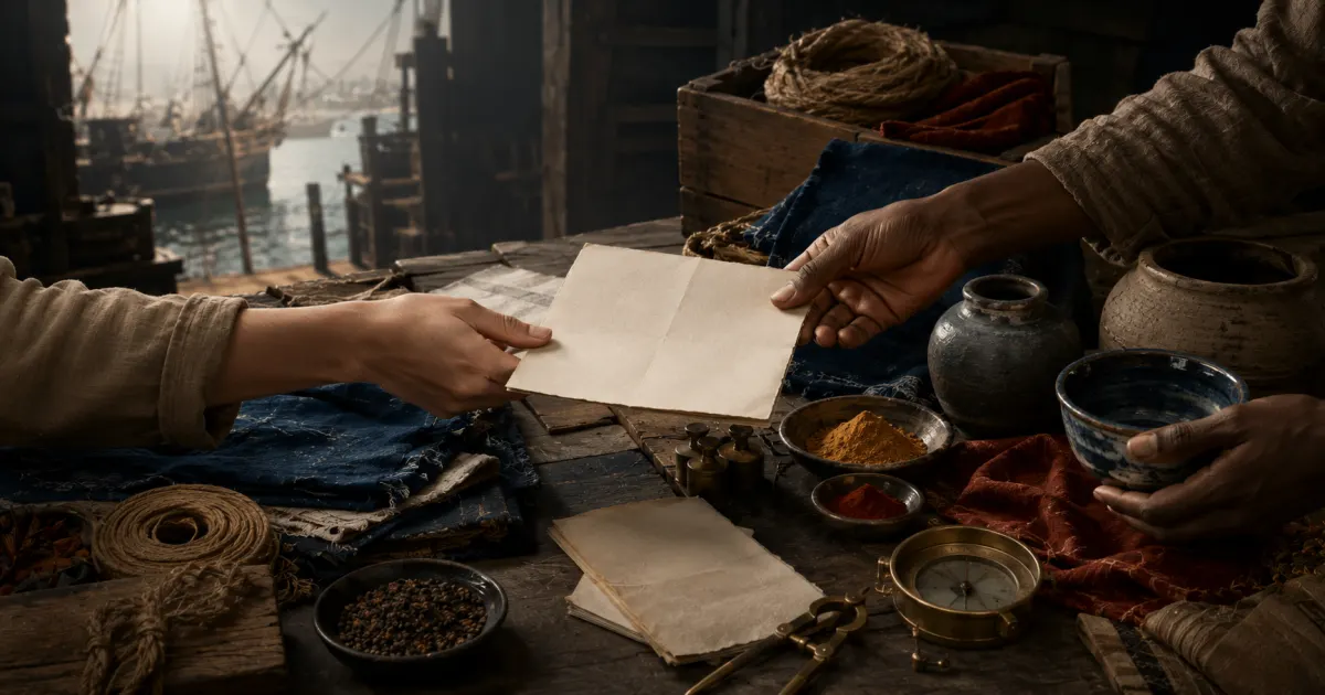 Two people exchanging blank correspondence among goods on a historic portside desk