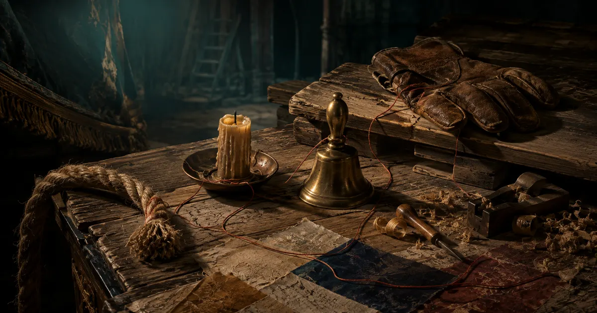 A rope end, candle, bell, glove, and workshop tools connected by a red thread