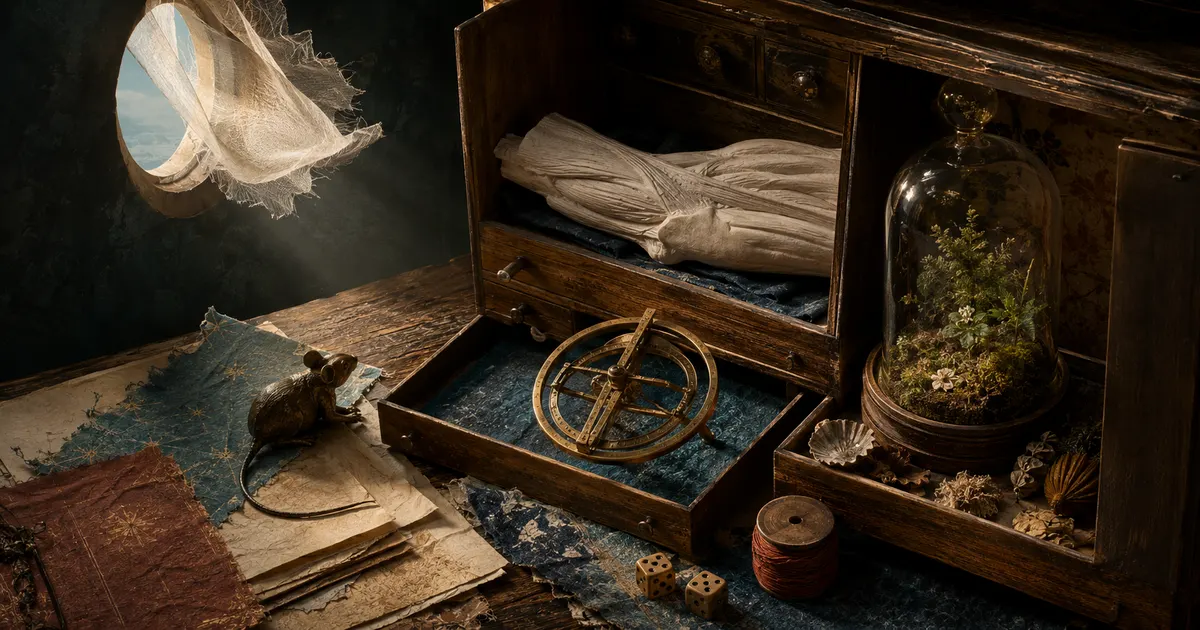 A cabinet of curious word origins with a mouse, star instrument, dice, thread, and garden
